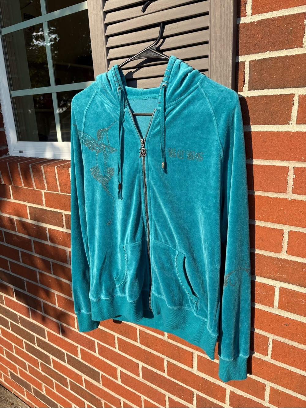 BCBG y2k Teal Zip-Up Hoodie with Rhinestone Detail